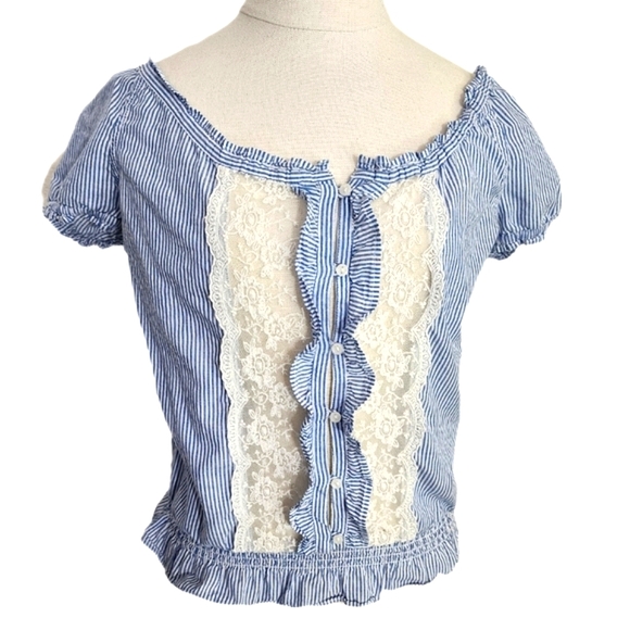 Forever 21 Tops - Forever 21 Blouse Y2KPeasant Ruffle Lace Partial Button Down Front Blue Size S